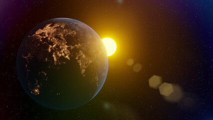 Obraz na płótnie Canvas beautiful planet earth continent Europe in space city lights solar disk. 3d render