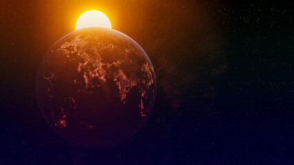 beautiful planet earth in space city lights solar disk. 3d render.