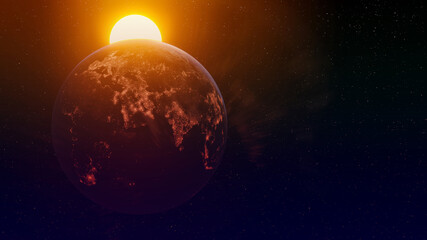 Fototapeta premium beautiful planet earth in space city lights solar disk. 3d render.