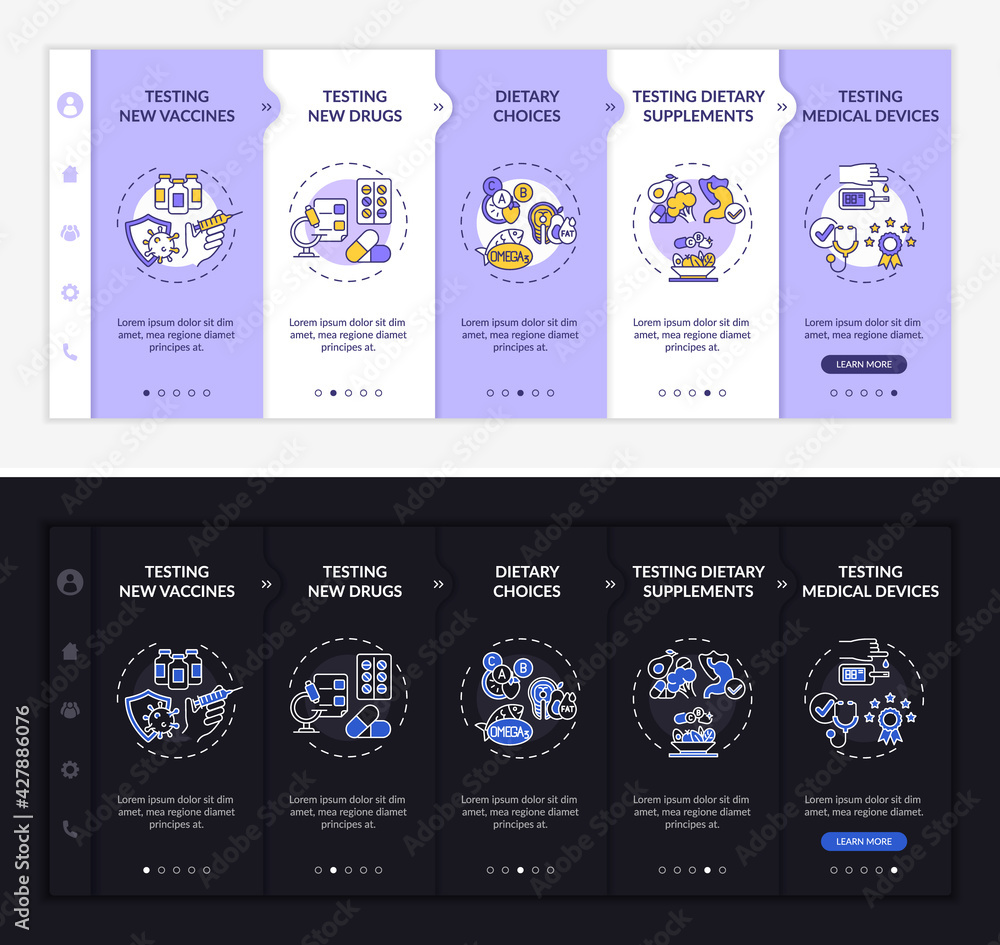 Poster research kinds onboarding vector template. responsive mobile website with icons. web page walkthroug