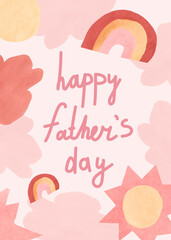 Watercolor Father's Day card with hand written lettering.Poster with father and child of different races with greeting in boho style.Design in pastel pink colors for social media,packaging.