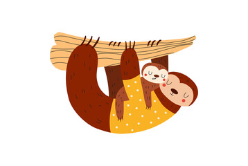 Animals baby, mom holds baby in her paws, sleeping sloth on tree branch, cartoon style vector illustration, isolated on white.