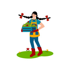 The girl carries a box with seedlings of flowers. Spring work in the garden. A hobby is gardening. Flat style Vector Illustration.