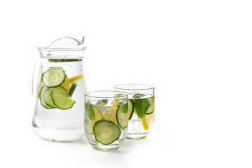 Sassy water or water with cucumber and lemon isolated on white background. Copy space