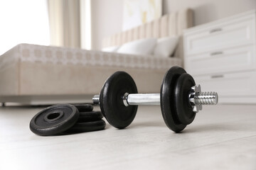 Obraz na płótnie Canvas Steel dumbbell and weight plates on floor indoors. Fitness at home