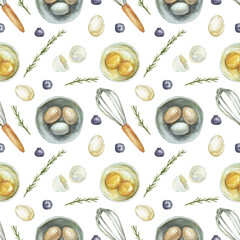 Watercolor seamless pattern with painted pastry tools, fruits and eggs. Confectionery background with watercolor whisk, eggs