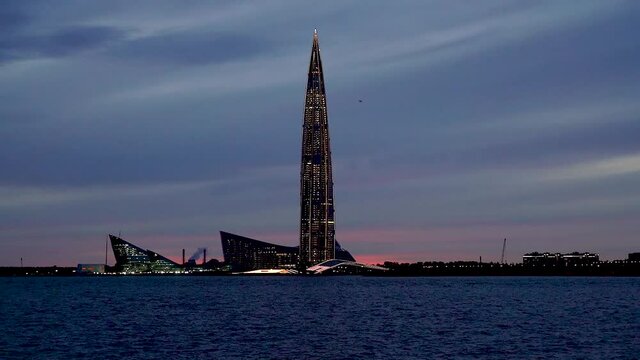 St. Petersburg, Russia, April-10, 2021: Lakhta Center with lighting in St. Petersburg in the evening.