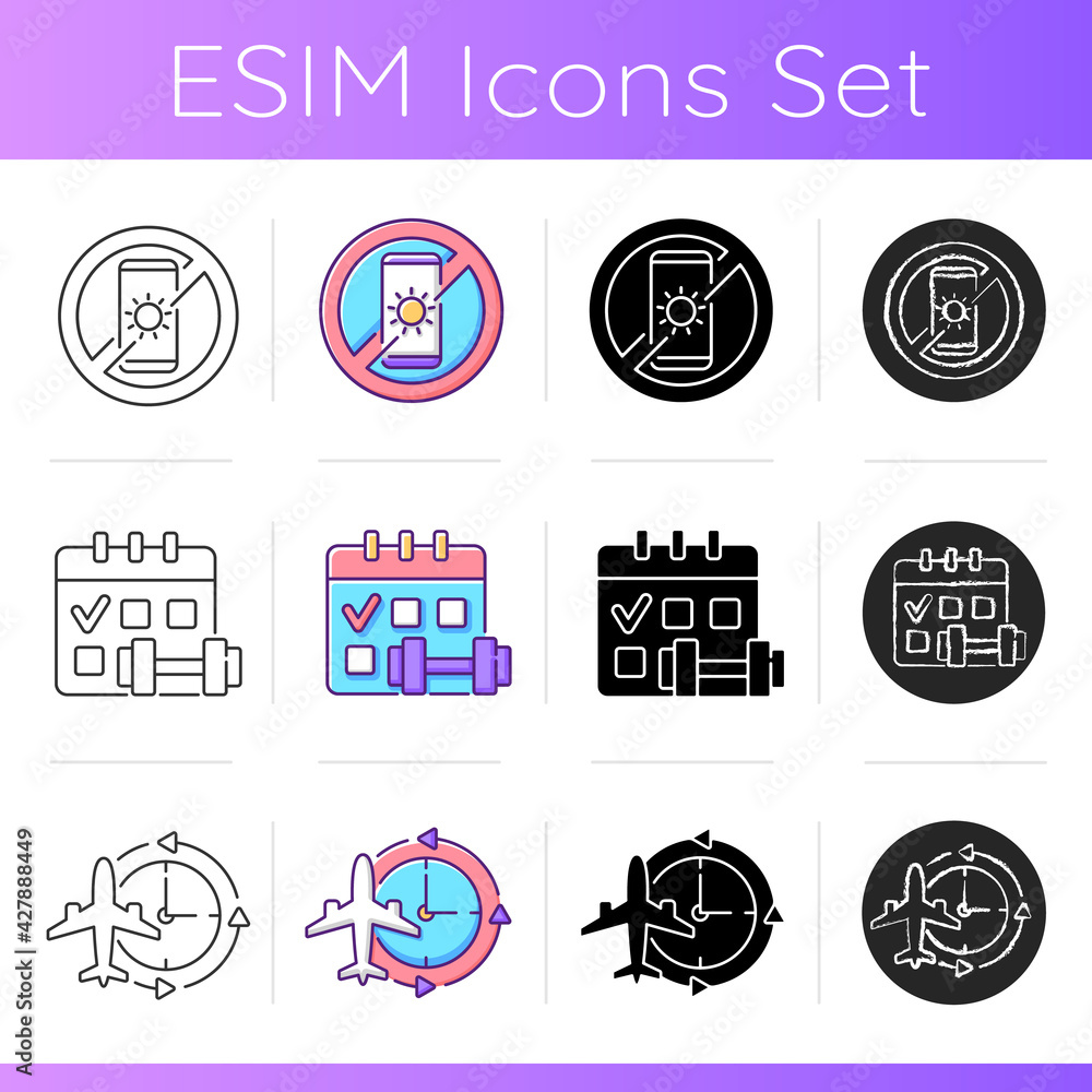 Poster causes for insomnia icons set. no device before sleep. regular exercise schedule on calendar. jet la