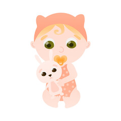 Cute baby holding and playing with bunny toy sitting on floor, indoor activit, infant character in cartoon style