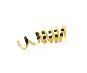 Shiny gold serpentine streamer on white background. Festive decor