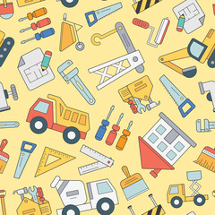 Construction - Vector color background (seamless pattern) of building, crane, truck, bulldozer, saw, wrench, shovel and other tool for graphic design