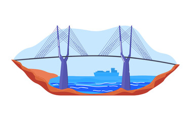 Automobile suspension bridge over bay in america, colorful architecture, cartoon style vector illustration, isolated on white.