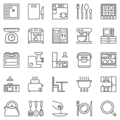 Kitchen outline icons set - vector Appliances and Utensils signs