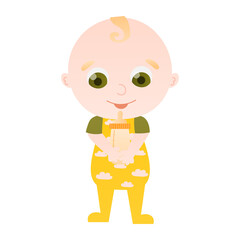 Adorable kid standing and holding milk bottle, newborn character, baby shower theme in cartoon style