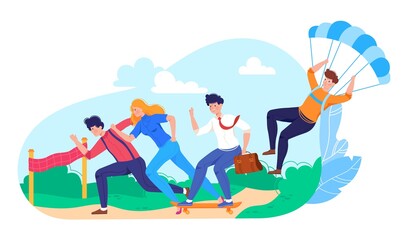 Business competition, businessman run to success, leadership competition concept, cartoon vector illustration, isolated on white.