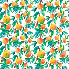 Seamless watercolor pattern with peaches. Summer,botanical print with delicious fruit in orange on white isolated hand painted background.Designs for textiles,fabric,wrapping paper,web,social media.