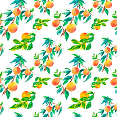 Seamless watercolor pattern with peaches. Summer,botanical print with delicious fruit in orange on white isolated hand painted background.Designs for textiles,fabric,wrapping paper,web,social media.