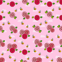 FUNDO, PATTERN, SCRAPBOOK, REPETIÇÃO, ROSAS E ABELHAS