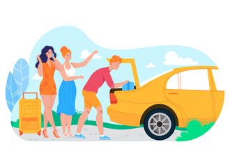 Business travel, happy people, summer family car trip, vehicle, design cartoon style vector illustration, isolated on white.