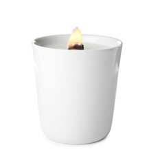Beautiful candle with wooden wick isolated on white