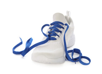 Stylish sneaker with blue shoelaces on white background