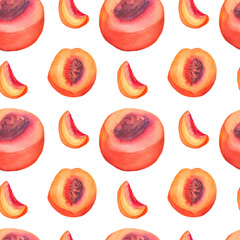 Seamless watercolor pattern with peaches. Summer,botanical print with delicious fruit in orange on white isolated hand painted background.Designs for textiles,fabric,wrapping paper,web,social media.