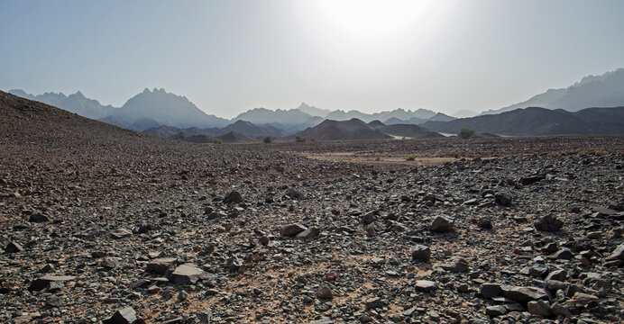 Barren rocky desert landscape in hot climate