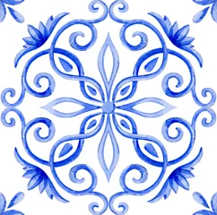 Tapeten Abstract blue and white hand drawn tile seamless ornamental watercolor paint pattern. Watercolor illustration. © Dasha