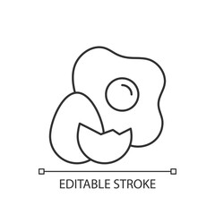 Eggs linear icon. Cooking ingredient. Fresh food. Cracked shell and yolk. Common allergen. Thin line customizable illustration. Contour symbol. Vector isolated outline drawing. Editable stroke