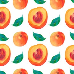 Seamless watercolor pattern with peaches. Summer,botanical print with delicious fruit in orange on white isolated hand painted background.Designs for textiles,fabric,wrapping paper,web,social media.