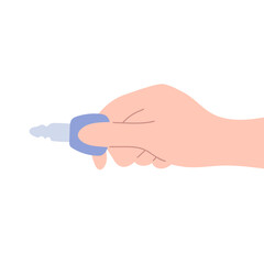 Vector cartoon illustration with hand holding key to unlock door. Car or house key for your design in flat style. Houseowner concept. Buying a house or car. For website, articles and business ideas