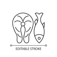 Fish linear icon. Marine food ingredient. Raw salmon, cooked tuna. Common allergen. Allergy cause. Thin line customizable illustration. Contour symbol. Vector isolated outline drawing. Editable stroke