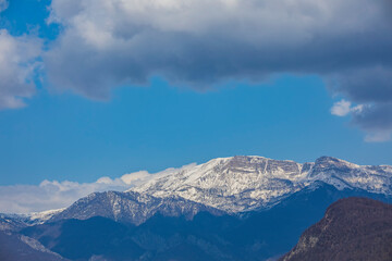Snow-capped Caucasus mountains in spring.