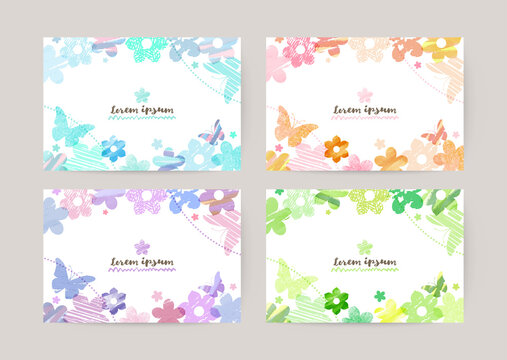vector card design template with colorful flowers and butterflies, watercolor decoration