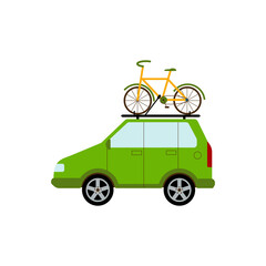 Travelling by car. A car with bicycle. Family hobby. Bicycles attached to top of green automobile. Flat style Vector Illustration.