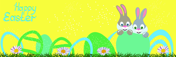 happy easter banner poster greeting eggs written text with hares in the egg