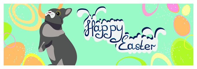 happy easter banner poster greeting eggs written text with gray bunny