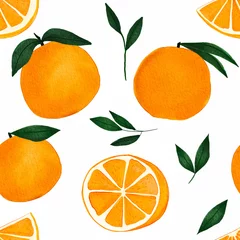Fotobehang Watercolor orange citrus fruit and leaves seamless pattern. Tropical illustration on white background © CreateKarolina