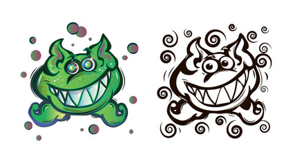 Smiling green monster illustration. Cartoon vector character. Design for print, t-shirt, coloring book, logo, sticker