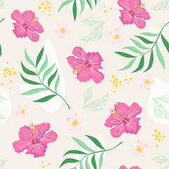 Seamless floral pattern of pink hibiscus flowers on a pastel background. Vector illustration of flat hand drawing. For texture design, print on fabric