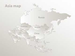 Fototapeta na wymiar Asia map, separates states and names, card paper 3D natural vector