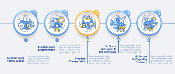Migrant workers freedoms awareness vector infographic template. Immigrant presentation design elements. Data visualization with 5 steps. Process timeline chart. Workflow layout with linear icons