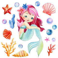 Mermaid, seashells, crown, bubbles, coral and pearl on an isolated white background. Watercolor drawing © Hanna