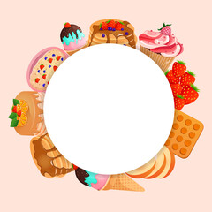 Round frame with sweets, cake, pancakes, ice cream, belgian waffles, cupcake, strawberries, raspberries, peaches for your design on a pink background. Vector illustration. Healthy food concept.