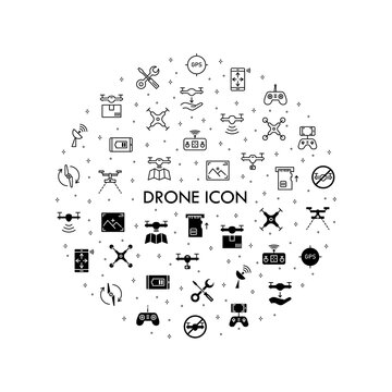 Drone icon or UAV icon. Including with Fast Delivery, Remote Controller, Propeller, City Maps Navigation, Action Camera, Radar Screen, Radio Antenna and more