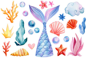 Mermaid tail, seashells, crown, bubbles, coral and pearl on an isolated white background. Watercolor drawing © Hanna