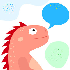 Greeting card with cartoon dinosaur, ward buubble and abstract elements. Funny dino - vector illustration