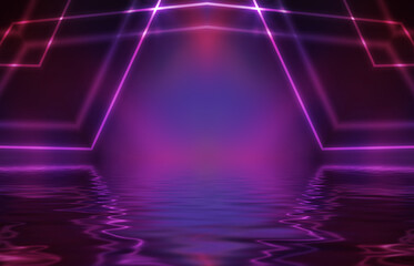 Fototapeta premium Abstract background. Neon multicolored light reflects on the water. Beach party, light show. Blurry lights glisten on the surface. 3d illustration