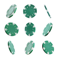 Set with green casino chips on white background