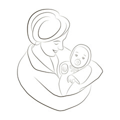 Silhouette of mother and baby. Happy mommy holds her baby in her arms. Woman bowed her head over child and looks at him. Happy Mothers Day flyer, banner or poster. Vector hand drawing black and white.